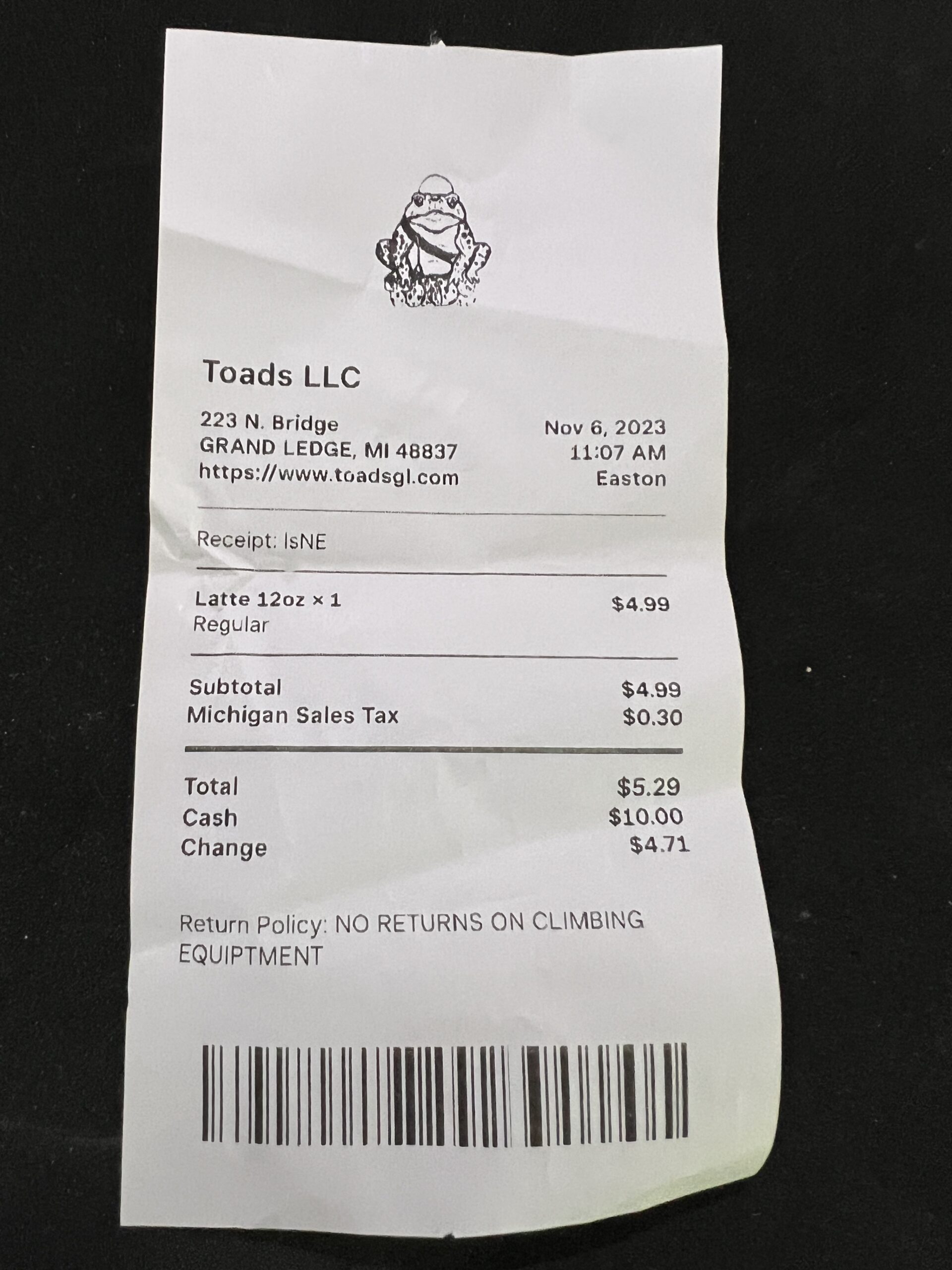 Toads LLC Coffee Shop Toads Coffee Shop Receipt