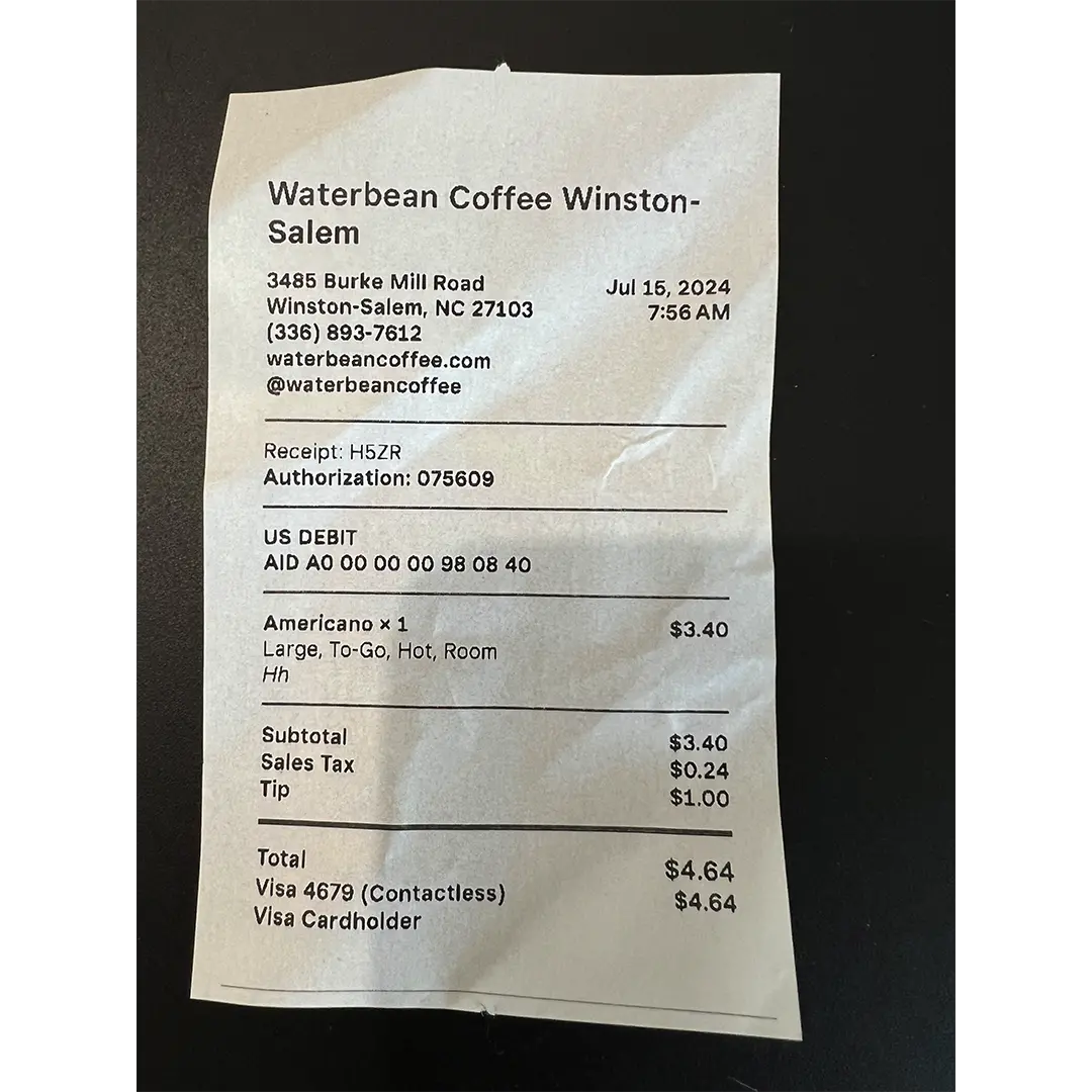 Waterbean Coffee Winston-Salem Reciept Waterbean Coffee Winston-Salem