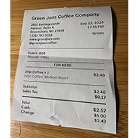 Green Joes Receipt Verified Visit for Green Joes Coffee Shop