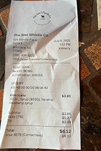 Verified Visit Receipt Receipt from Message Coffee in Kernersville, NC