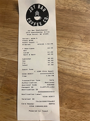 JoyBar_Verified Visit Receipt-Eastchester DeBeen Espresso receipt