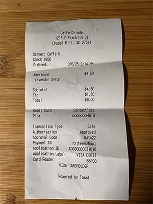Caffee Driade Receipt Caffee Driade coffee shop verified visit receipt