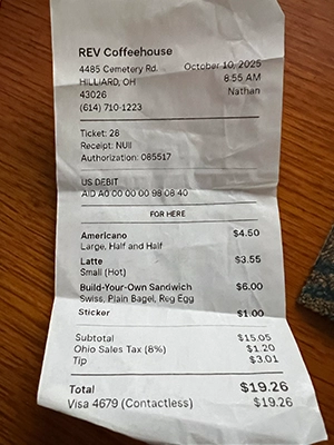 Rev's Coffeehouse Receipt Rev Coffeehouse Verified Visit Receipt