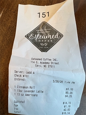 Esteamed Coffee Receipt