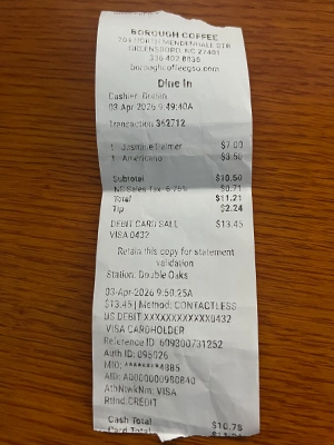 Borough Coffee Verified Visit Receipt